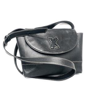 Vintage Black Shoulder Bag Embossed Logo Adjustable Strap with silvertone buckle